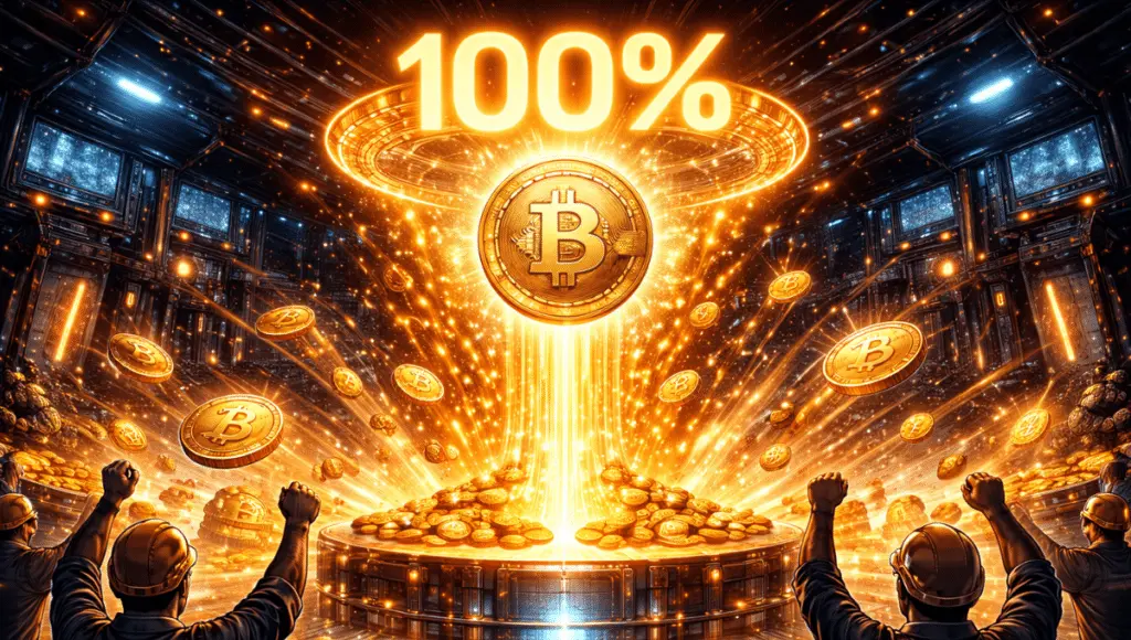 In a futuristic gold mine, masses of Bitcoin coins burst from a glowing platform where a holographic 100% floats weightlessly.