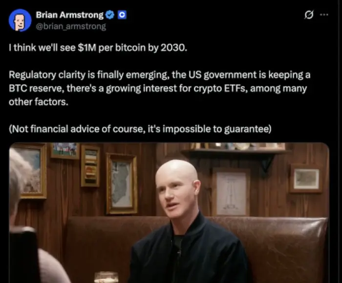 ブライアン・アームストロングが2030年までに100万ドルのビットコインを予測しています。
