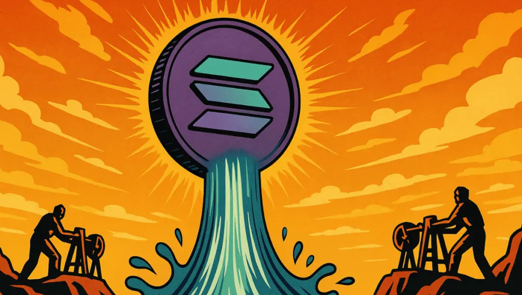 A digital waterfall rises upward toward a floating Solana crypto symbol.