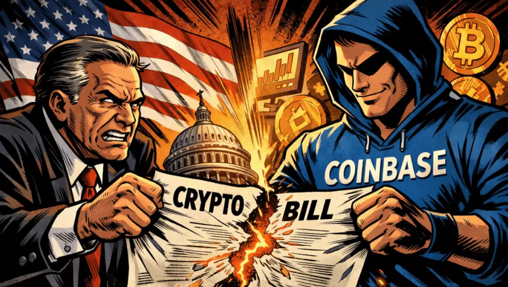 A tense comic-style standoff shows a U.S. senator and a hooded figure tearing a glowing bill in half as the Capitol and crypto symbols loom behind them.