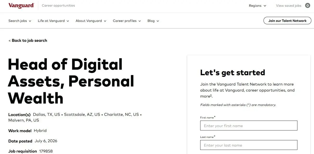 $12 Trillion Vanguard Signals Deeper Crypto Push With New Head of Digital Assets Position