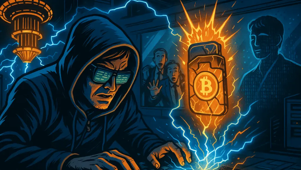 Hacker using quantum computer to unlock Bitcoin wallet as investors watch in shock behind glass.