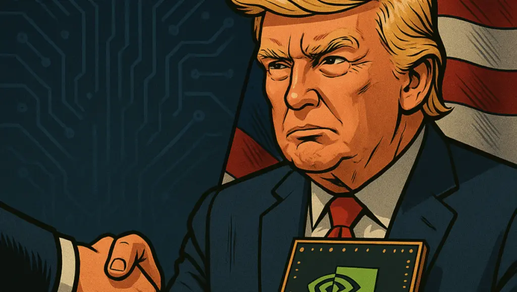 Trump shakes hands with an ally, holding an Nvidia chip, against a backdrop of the American flag and digital circuitry.