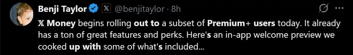 Tweet discussing Musk's x money rollout.