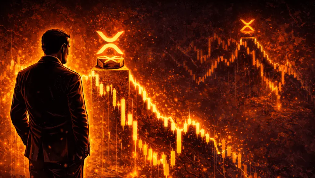 An abstract 3D chart shows a downward pattern repeated twice. The XRP cryptocurrency is positioned exactly where the first drop began.