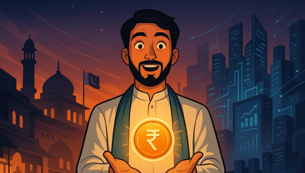 Jeune homme pakistanais émerveillé tenant une pièce numérique brillante, entre une ville traditionnelle et une ville futuriste symbolisant la transition numérique du Pakistan.