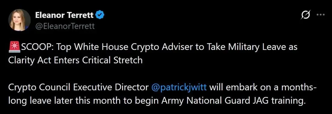 Tweet discussing Patrick Witt's departure days before the July 20 CLARITY ACt hearing