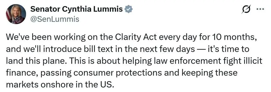 Senate CLARITY Act Ready for Prime Time, Bill Text Coming in Days: Senator Lummis