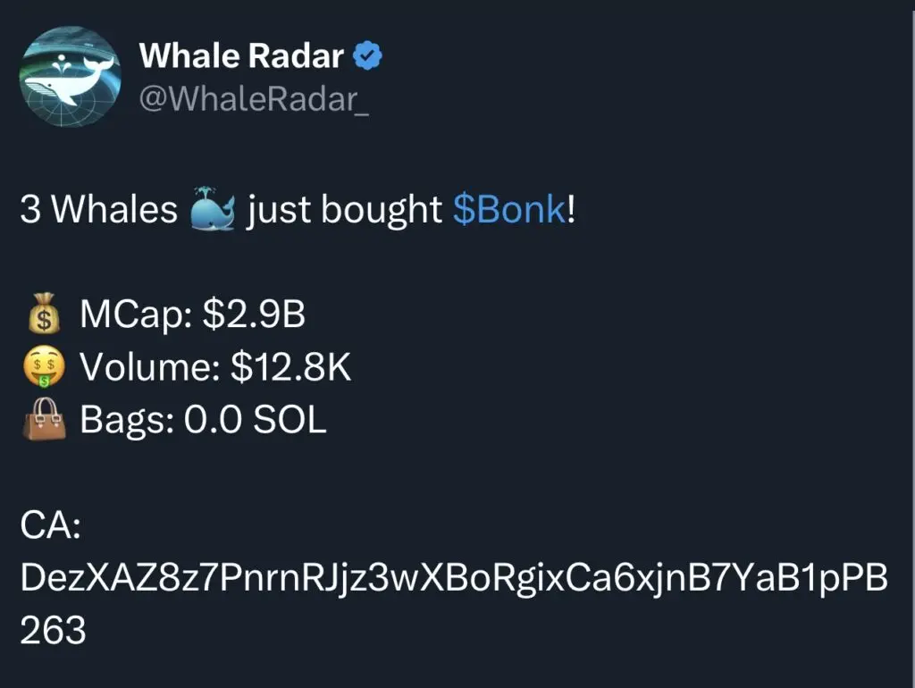 Cá voi đang mua BONK - Nguồn: Whale Radar