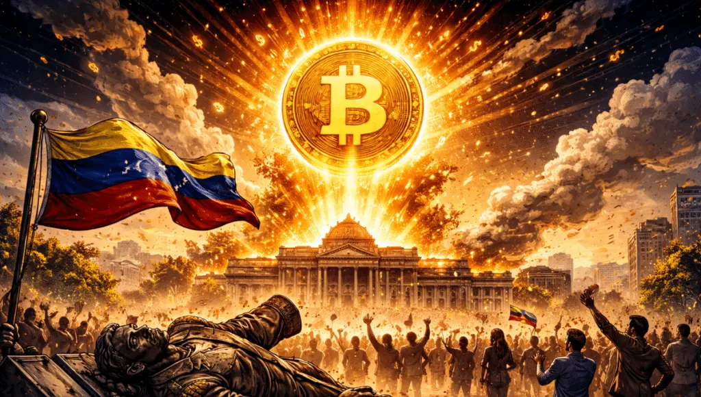A shattered political statue (symbolizing Maduro) lies on the ground, while a gigantic Bitcoin coin rises in the sky.