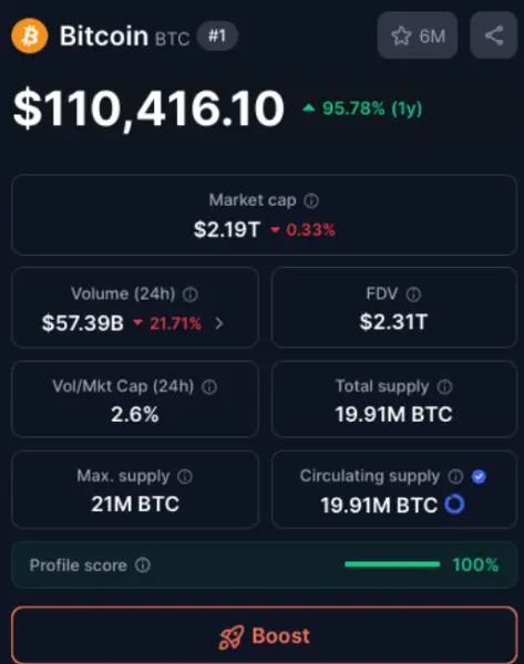 CoinMarketCapでのBitocinの価格パフォーマンス