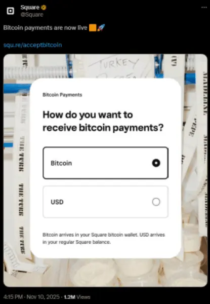 Пост Square у X, що оголошує функцію Bitcoin Payments.