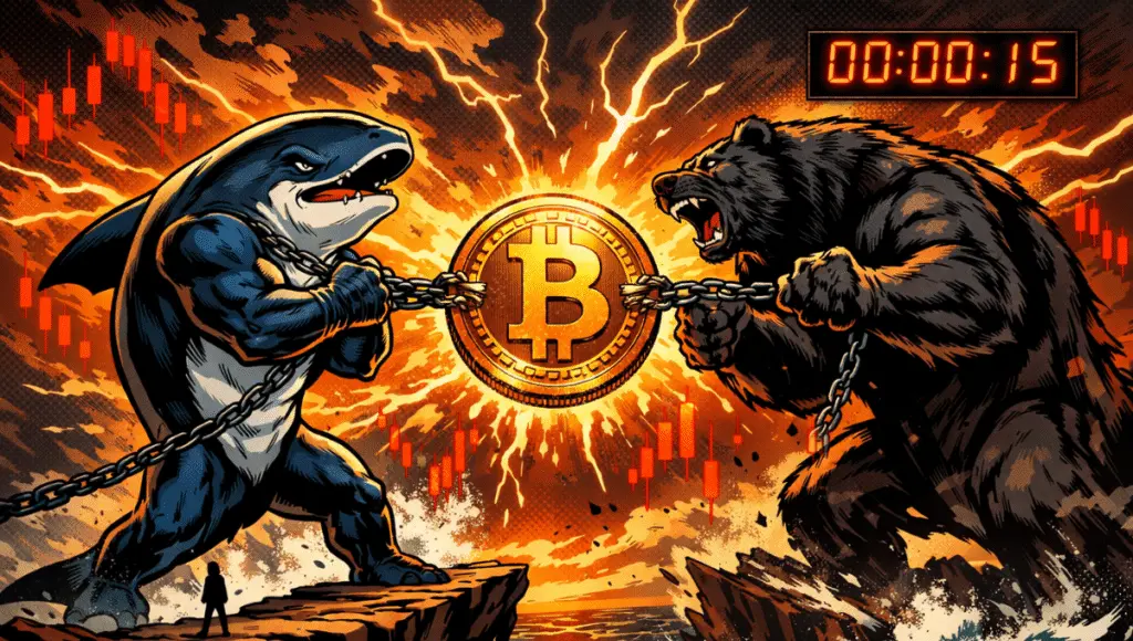 A giant whale and bear clash over a luminous Bitcoin, against a backdrop of thunder, with an imminent countdown.