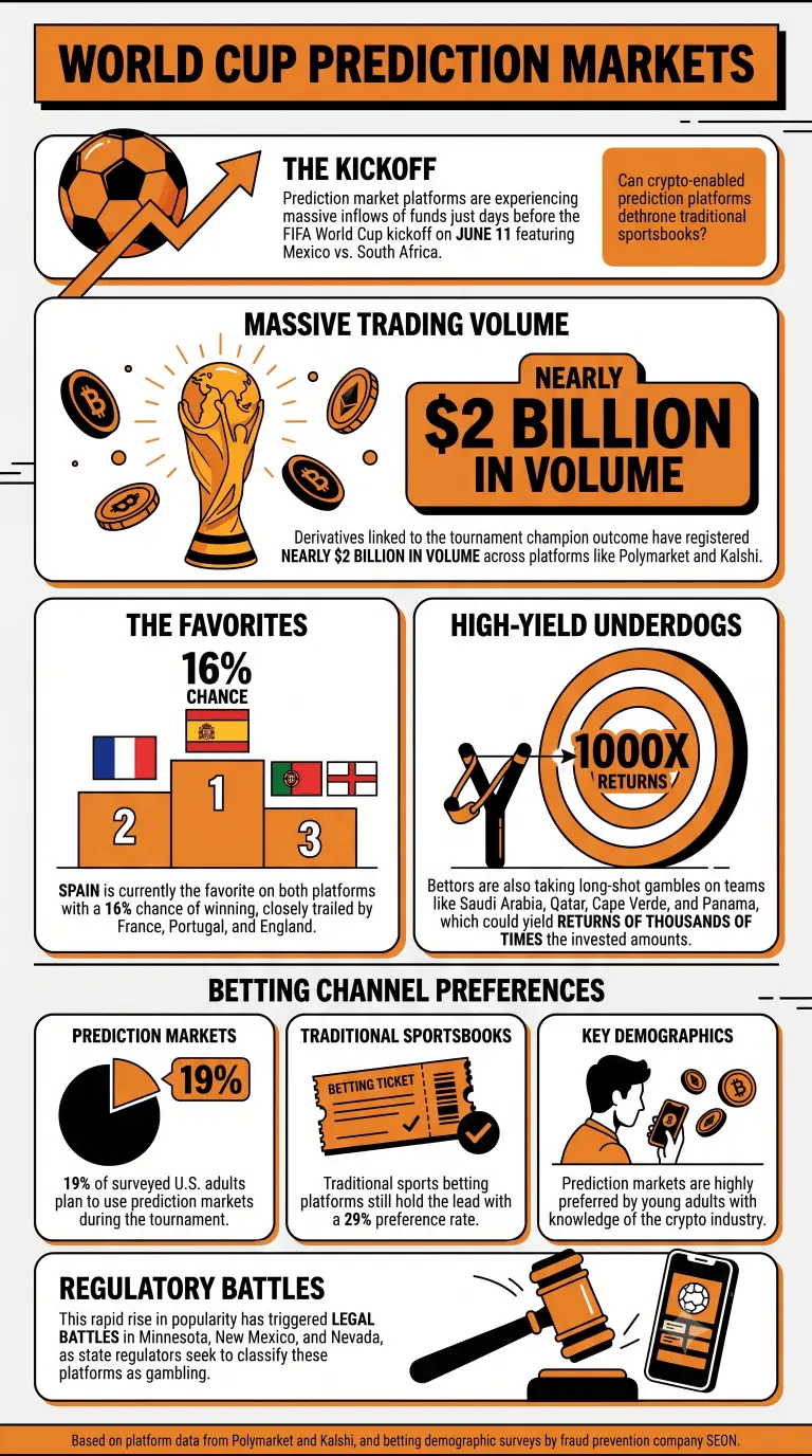 Infographic on FIFA World Cup's bet volumes in prediction markets