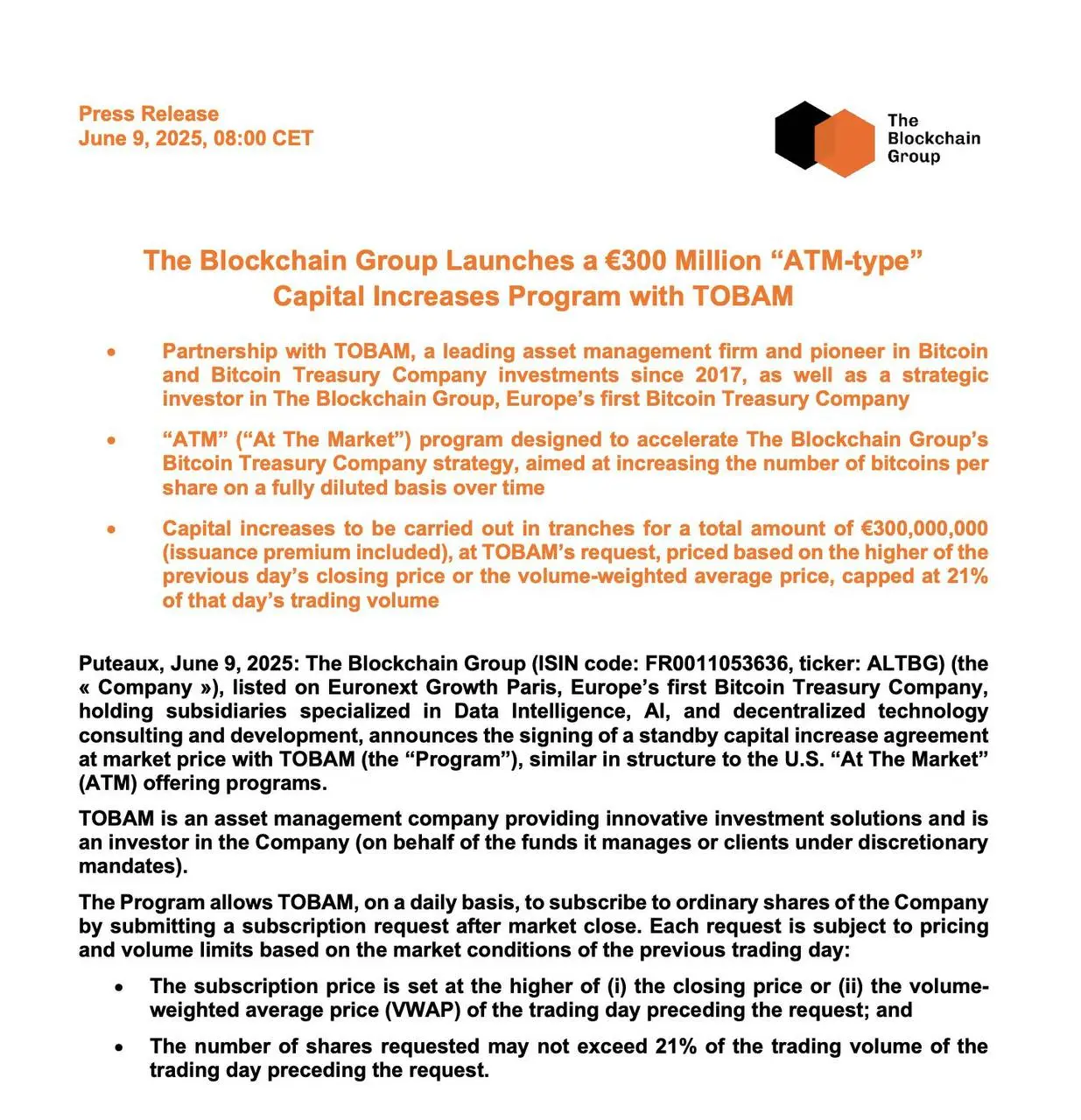 区块链集团与TOBAM推出3亿欧元资本计划以加强比特币策略新的“ATM式”发行将用于进一步积累$B｜Agha_1发布于Gate 广场