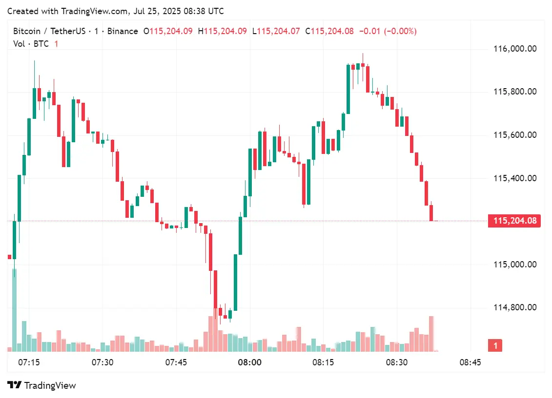 Grafik harga Bitcoin dalam beberapa jam terakhir, 25 Juli 2025 | Sumber: crypto.news