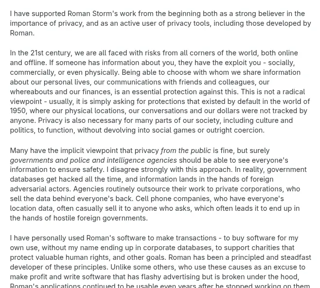 Vitalik Buterin letter supporting Roman Storm