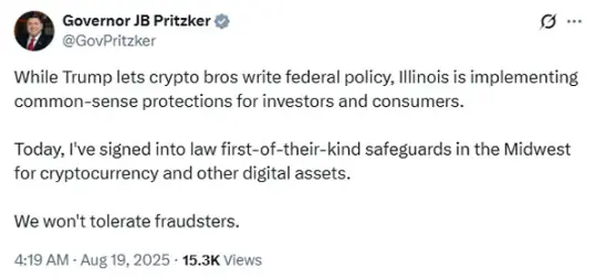 El gobernador de Illinois critica la regulación de criptomonedas de Trump en la firma de la nueva ley