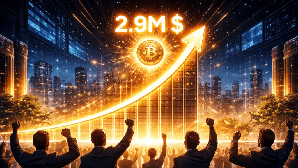A futuristic Bitcoin graphic rises from the ground, reaching a glowing bar with the figure .9M at the top. Silhouettes watch in admiration.