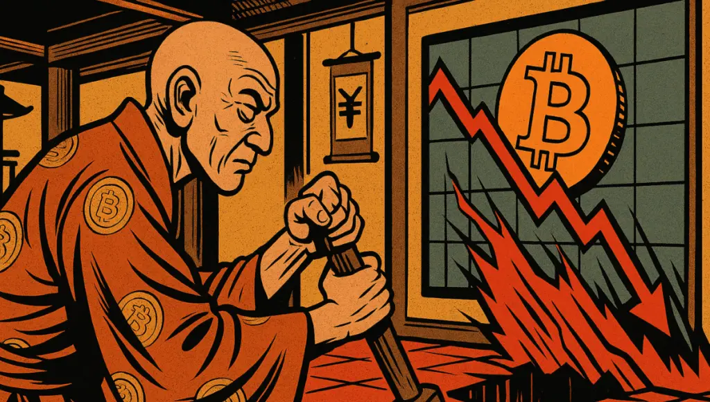 A monk from Japan pulls a wooden lever. A Bitcoin chart behind him collapses violently.