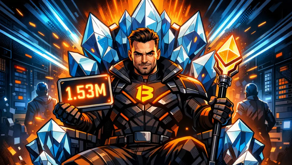 Un personnage imposant en costume futuriste noir et orange est assis sur un trône composé de cristaux Ethereum. Il tient une tablette affichant "1.53M" et un sceptre avec le logo d'Ethereum, entouré de faisceaux lumineux bleus et orange dans une salle de serveurs high-tech.