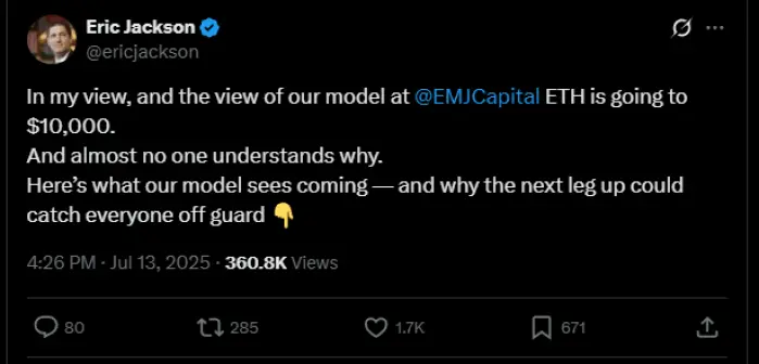 Eric Jackson X post expliquant pourquoi il pense qu'Ethereum pourrait atteindre 10K $.