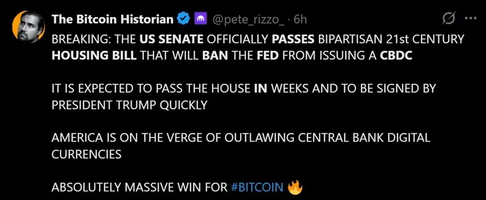 Tweet discussing the Fed CBDC ban.