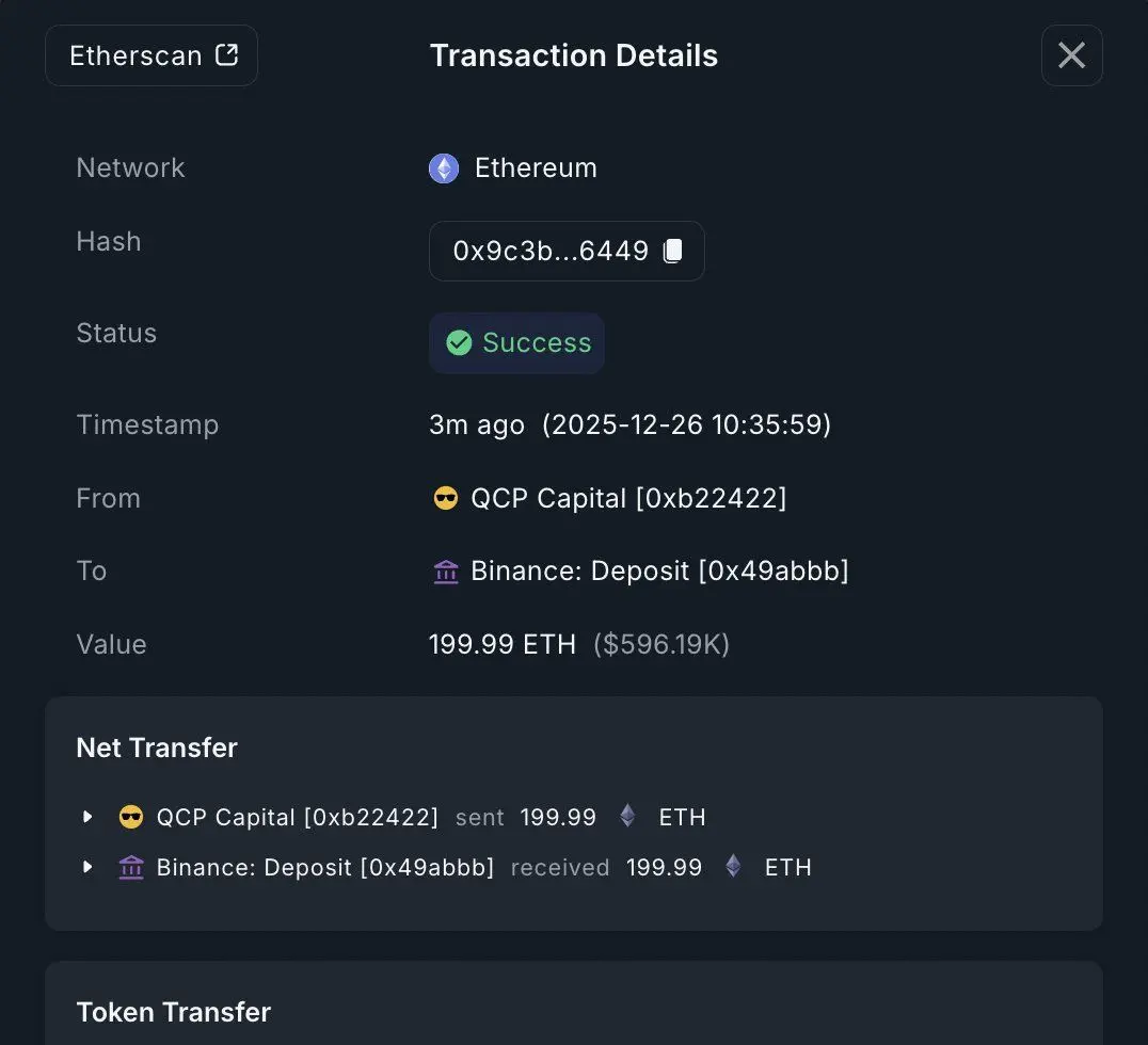 On-chain transaction showing QCP Capital depositing ETH to exchange