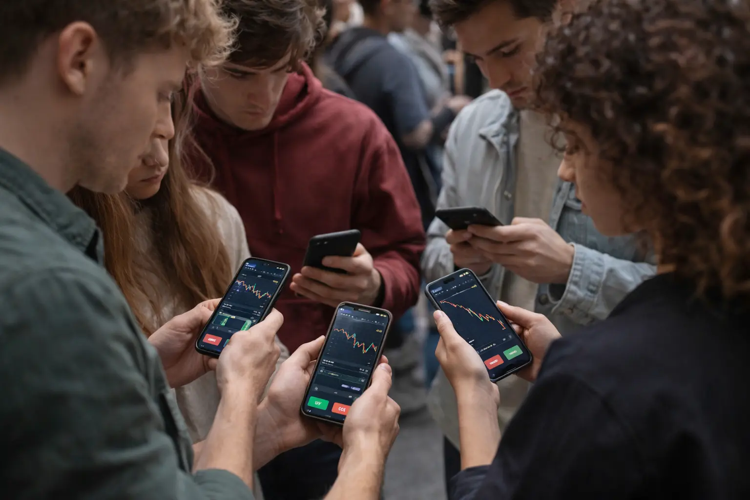 A group of young investors look at smartphones displaying falling market charts.