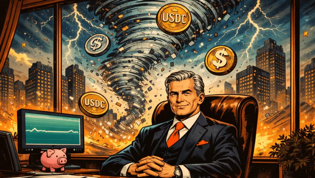 un banquier calme dans son bureau pendant qu'une tornade numérique emporte des pièces de stablecoins