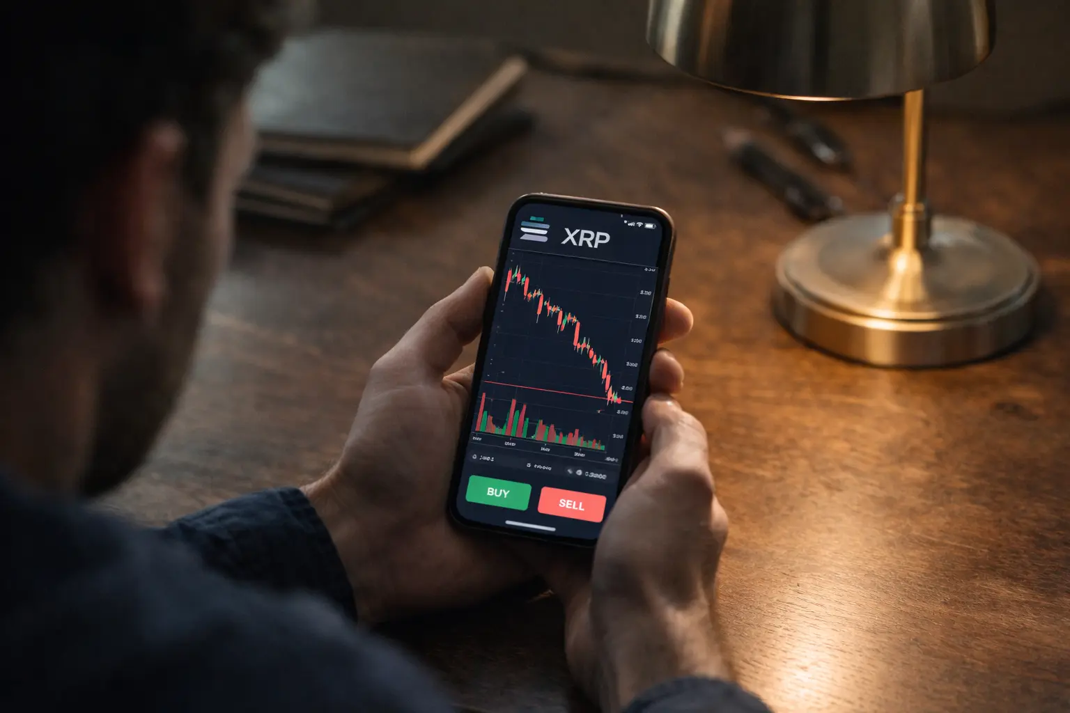 A person holds a smartphone showing an XRP price chart trending downward on a trading app.