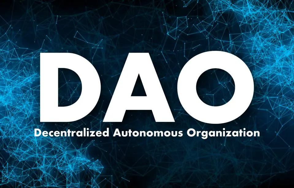 DAO, Децентрализованная автономная организация, управление через код и блокчейн. Векторная иллюстрация.