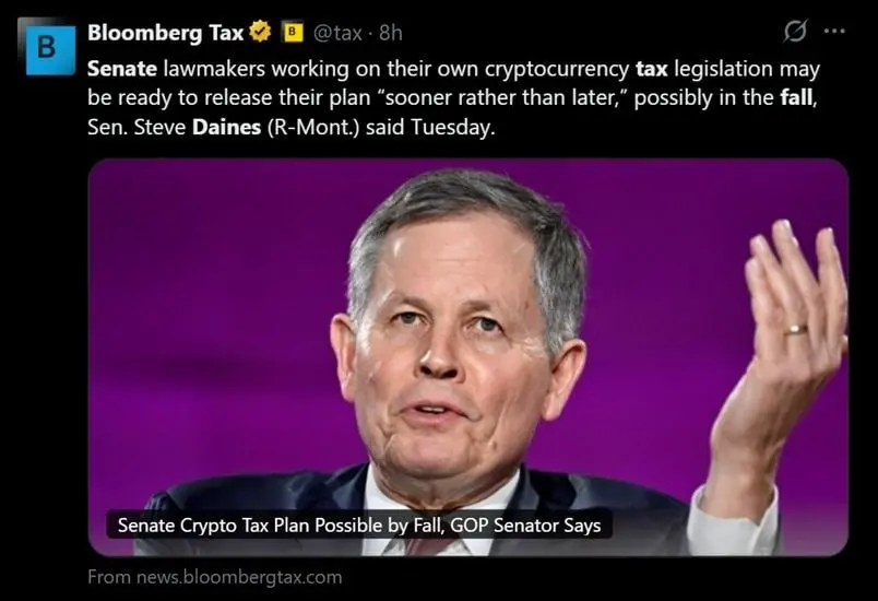Tweet discussing Sen. Daines' push for a crypto tax bill by end of 2026.
