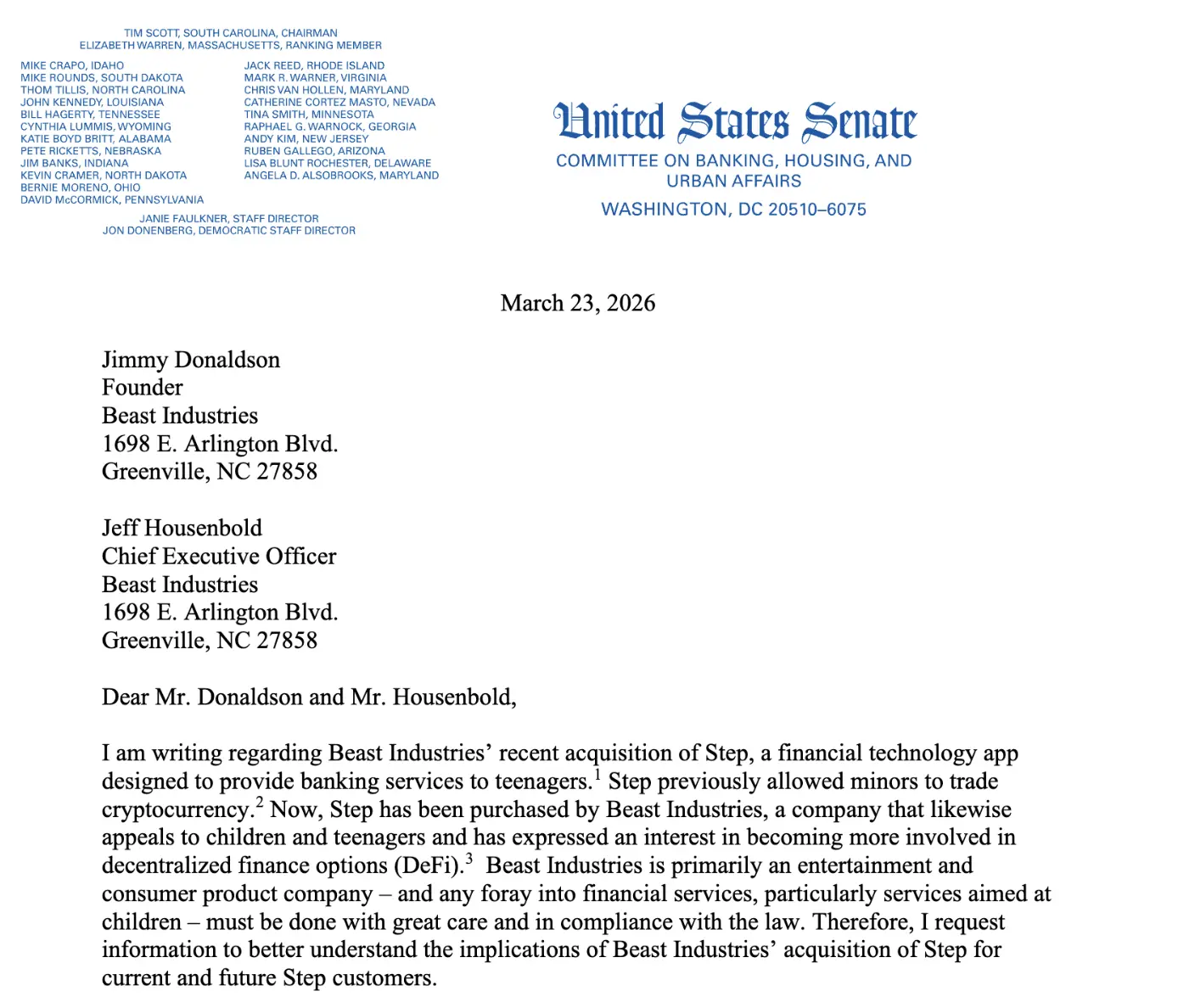 華倫致函追責MrBeast