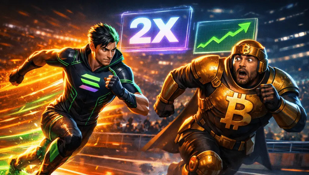 Solana overtakes Bitcoin in a futuristic race, symbolizing a meteoric rise with the "2X" indicator in evidence.