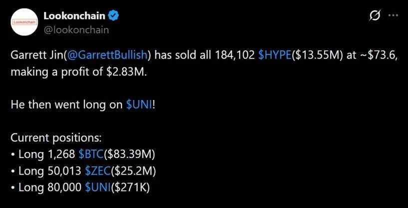 Tweet discussing ex-Bitforex head Garrett Jin's recent HYPE offload.