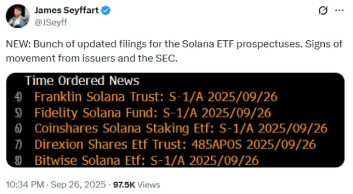Nhà phân tích Bloomberg đã thông báo về các hồ sơ ETF SOL trên X.