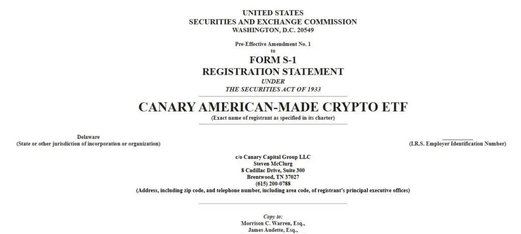 Formulario S-1 presentado ante la SEC por el fondo "Canary American-Made Crypto ETF, registrado en Delaware, gestionado por Canary Capital.