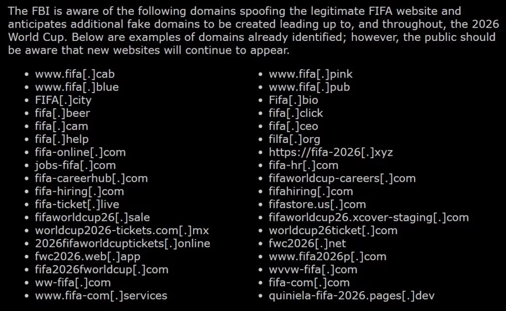 Fake domains impersonating FIFA website.