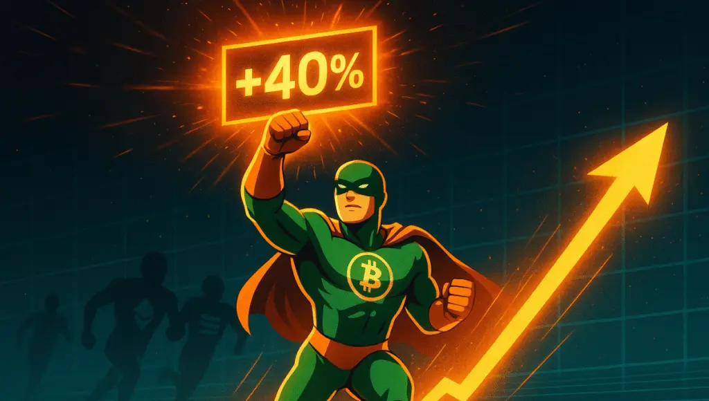 Super-héros Bitcoin Cash triomphant, symbolisant une hausse de 40 %, devançant Ethereum et Solana sur fond numérique.